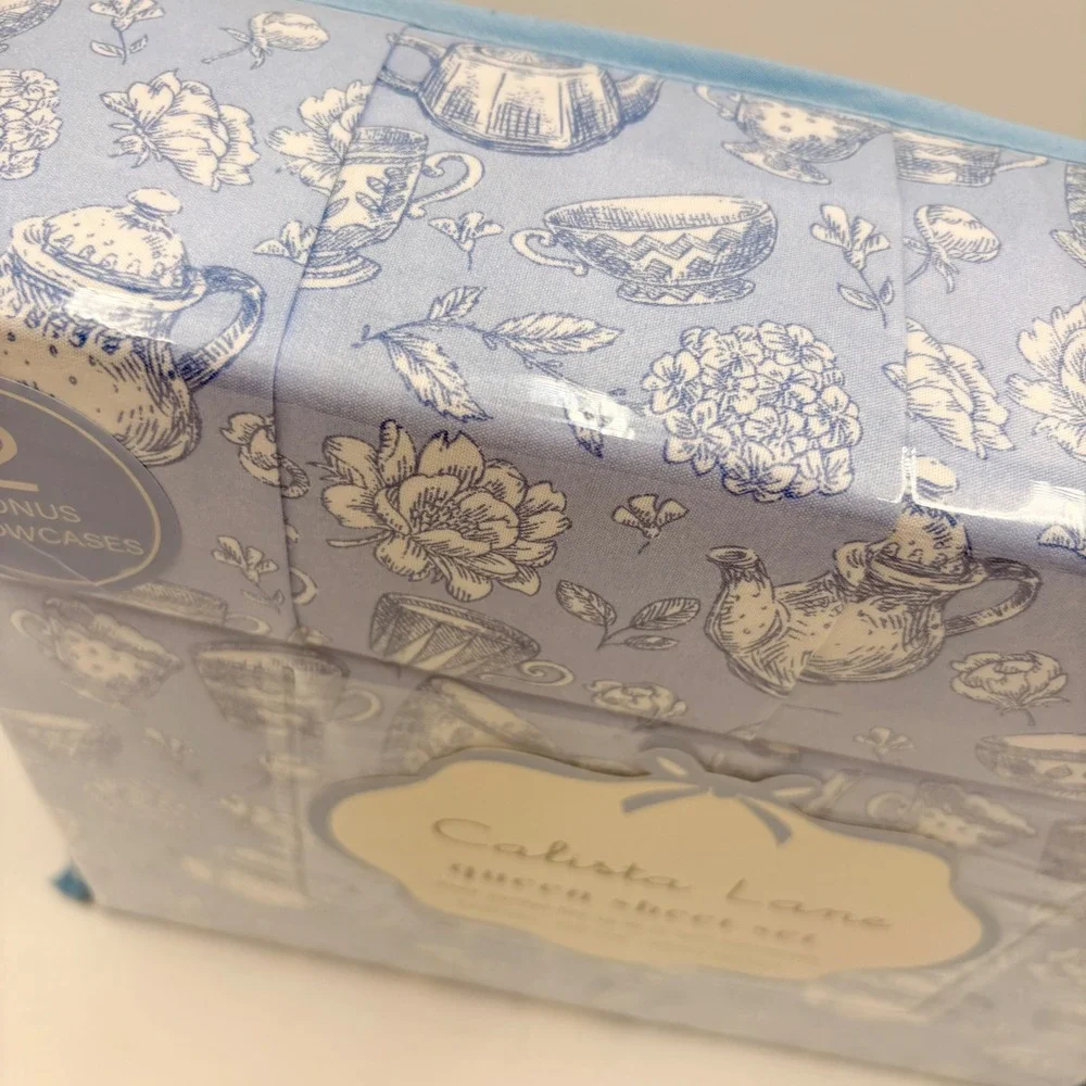 Calista Lane Queen Sheet Set 6pc Tea Rose Garden Blue Floral Toile Deep Pocket